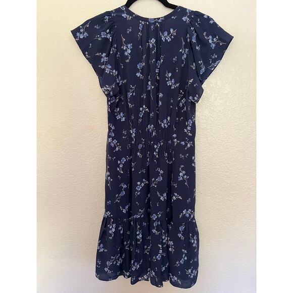 Rebecca Taylor Blue Floral Silk Smocked Waist Ruffle Hem Dress Size 2 - Picture 3 of 11